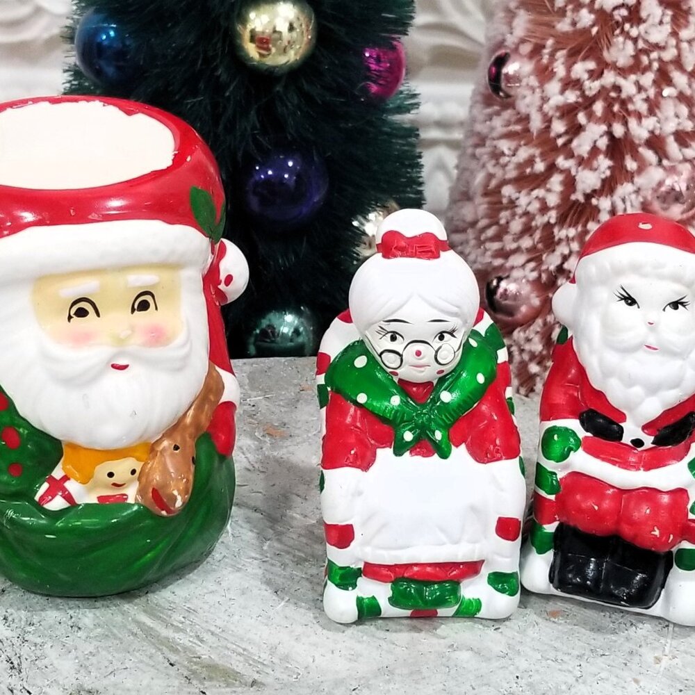 Vintage Santa Figurine Candle Holders Salt Pepper Shakers Mrs. Claus - Hand Pain